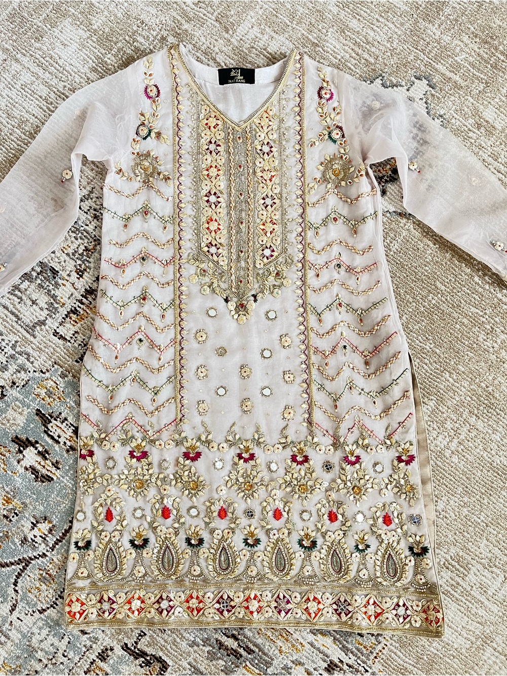 Embroidered beige and Gold Formal pakistani suit with culottes pants